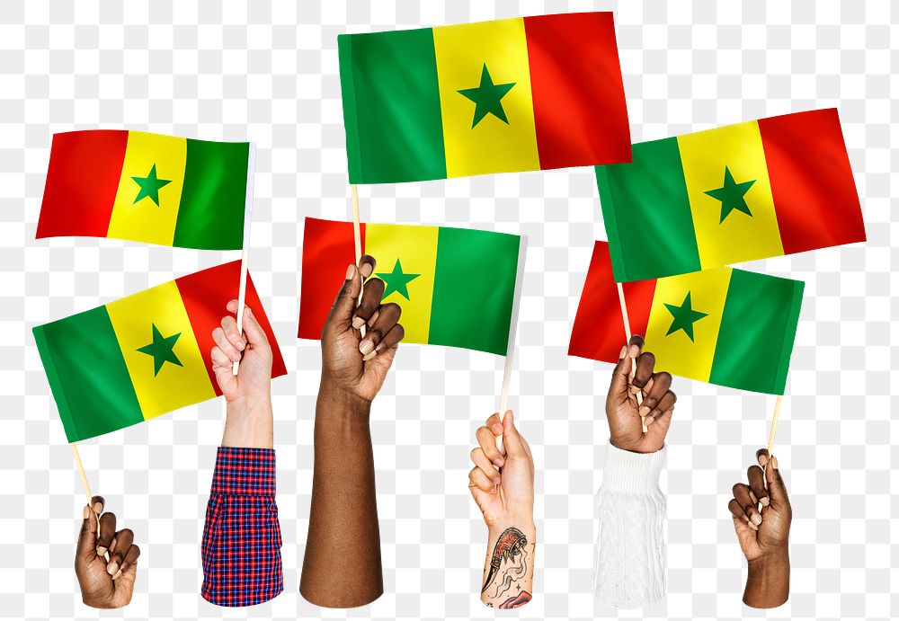 Hands waving png Senegal flags, transparent background