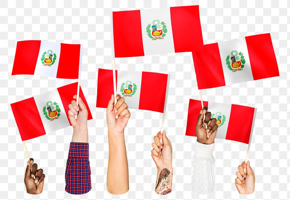 Hands waving png Peru flags, transparent background