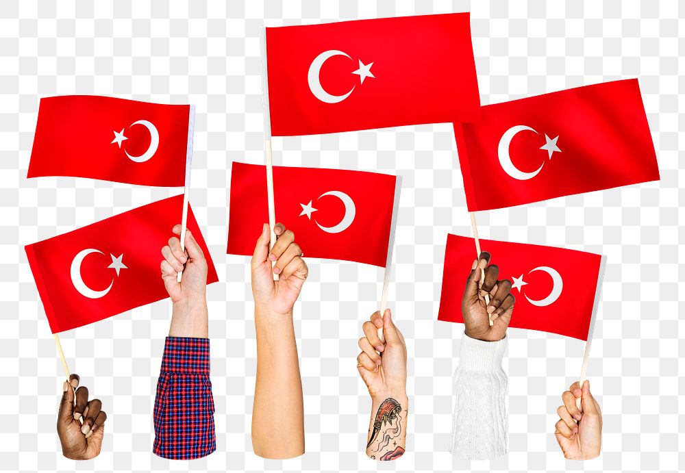 Hands waving png Turkish flags, transparent background