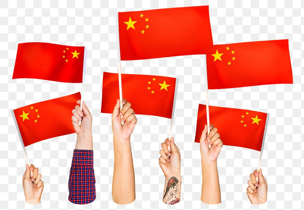 Hands waving png Chinese flags, transparent background