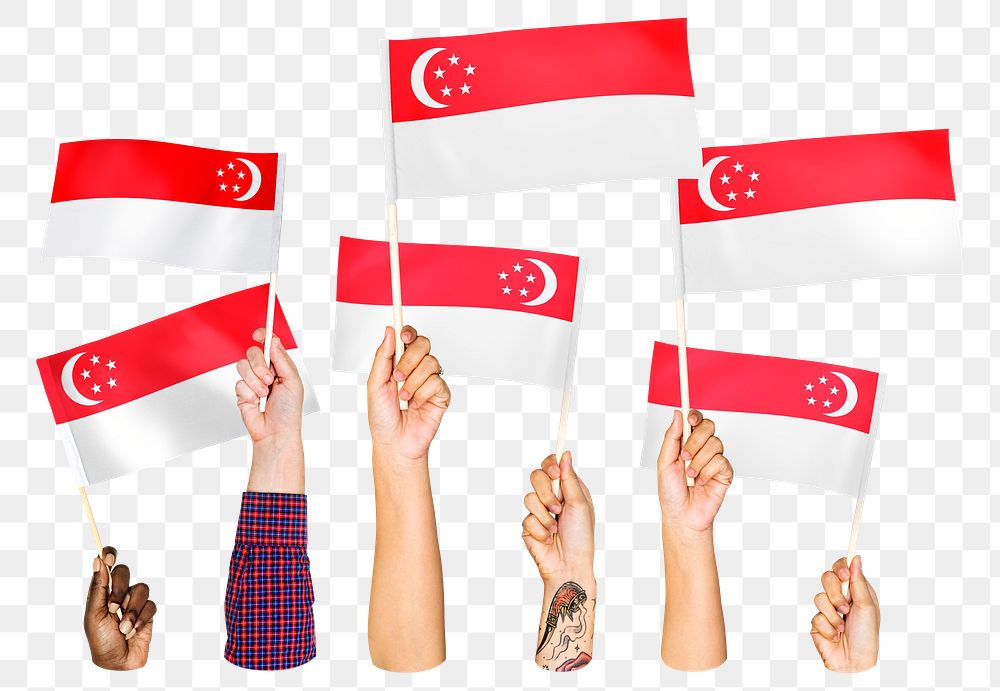 Hands waving png Singaporean flags, transparent background