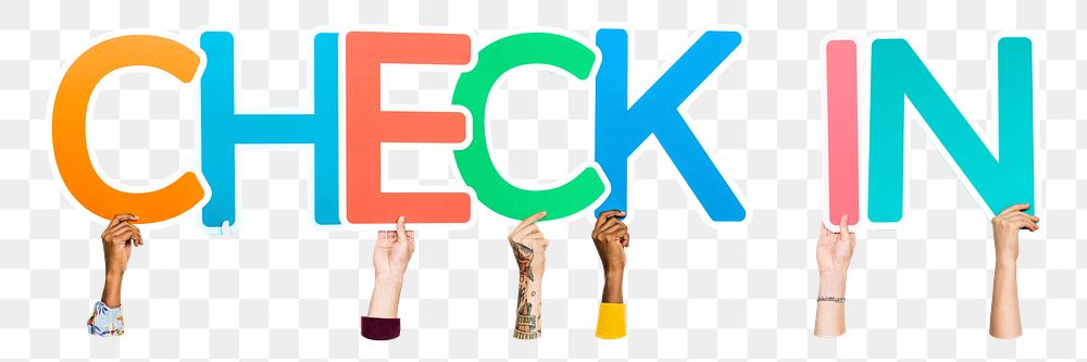 Diverse hands holding the words check in png element, transparent background