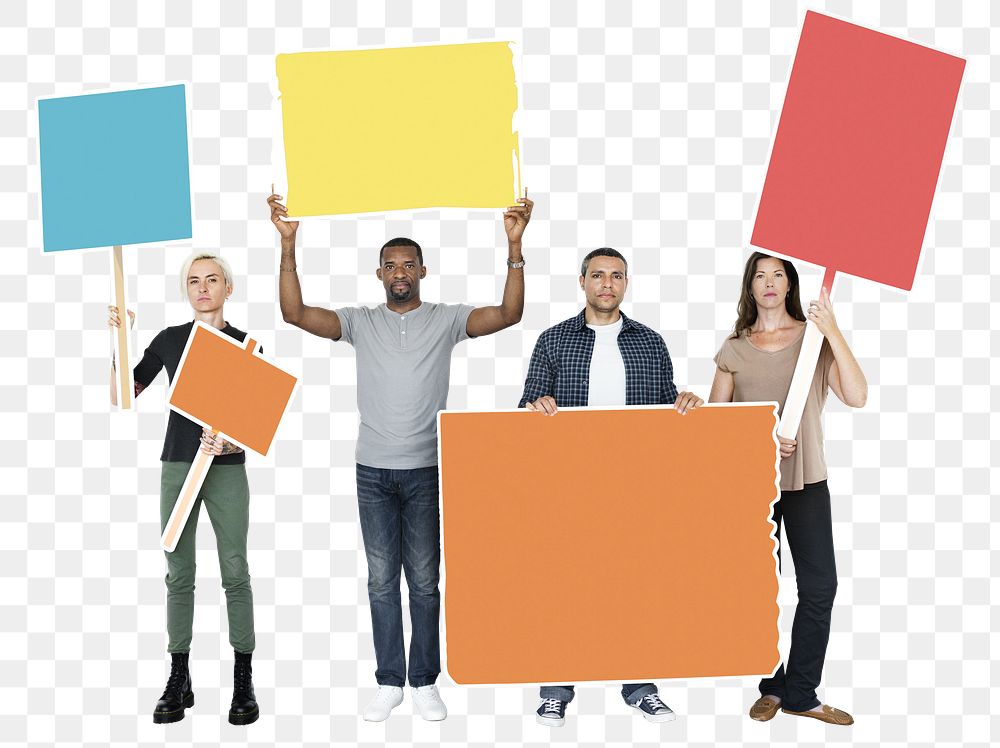 People with blank signs png element, transparent background