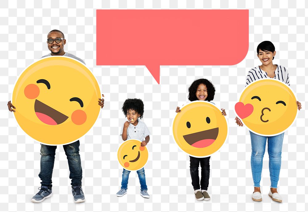 Png Cheerful family holding happy emoticons, transparent background