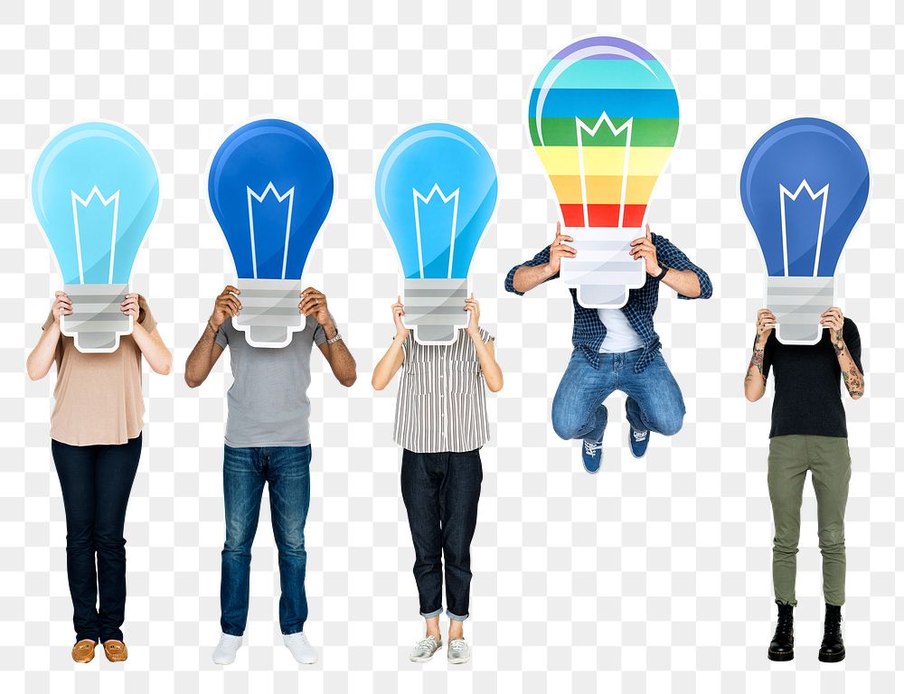 Png Group of people holding light bulb icons, transparent background