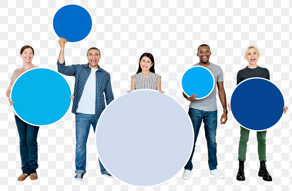 Png Diverse people holding round circles, transparent background