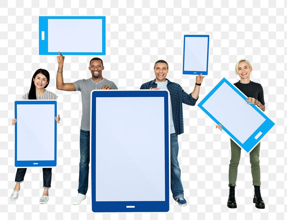 Png People holding digital tablet, transparent background