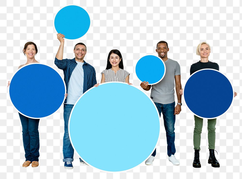 Png Diverse people holding blue circles, transparent background