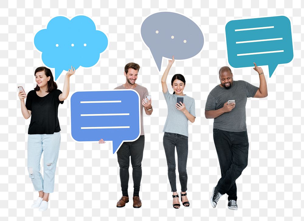 Png Diverse social medipeople holding speech bubble symbols, transparent background