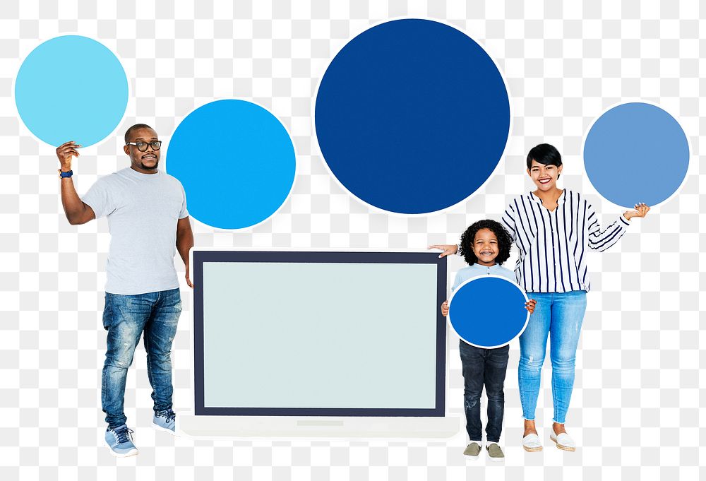 Png Happy family with blank laptop screen, transparent background