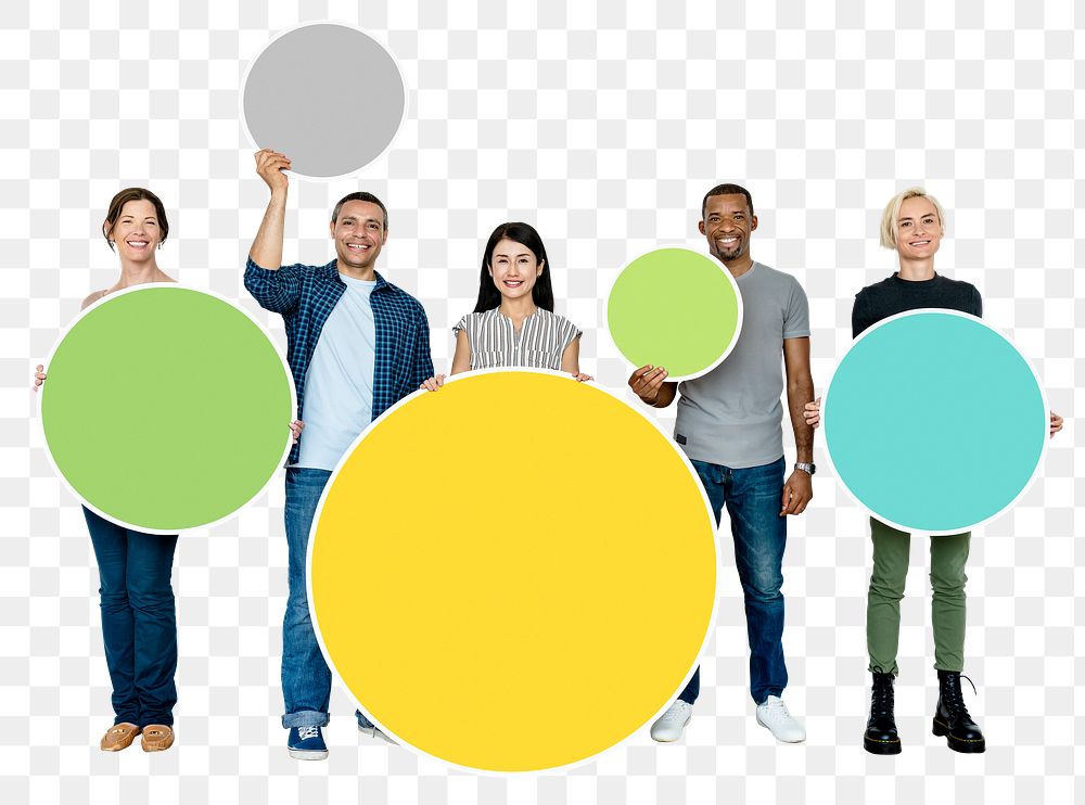 Png Diverse people holding colorful circles, transparent background