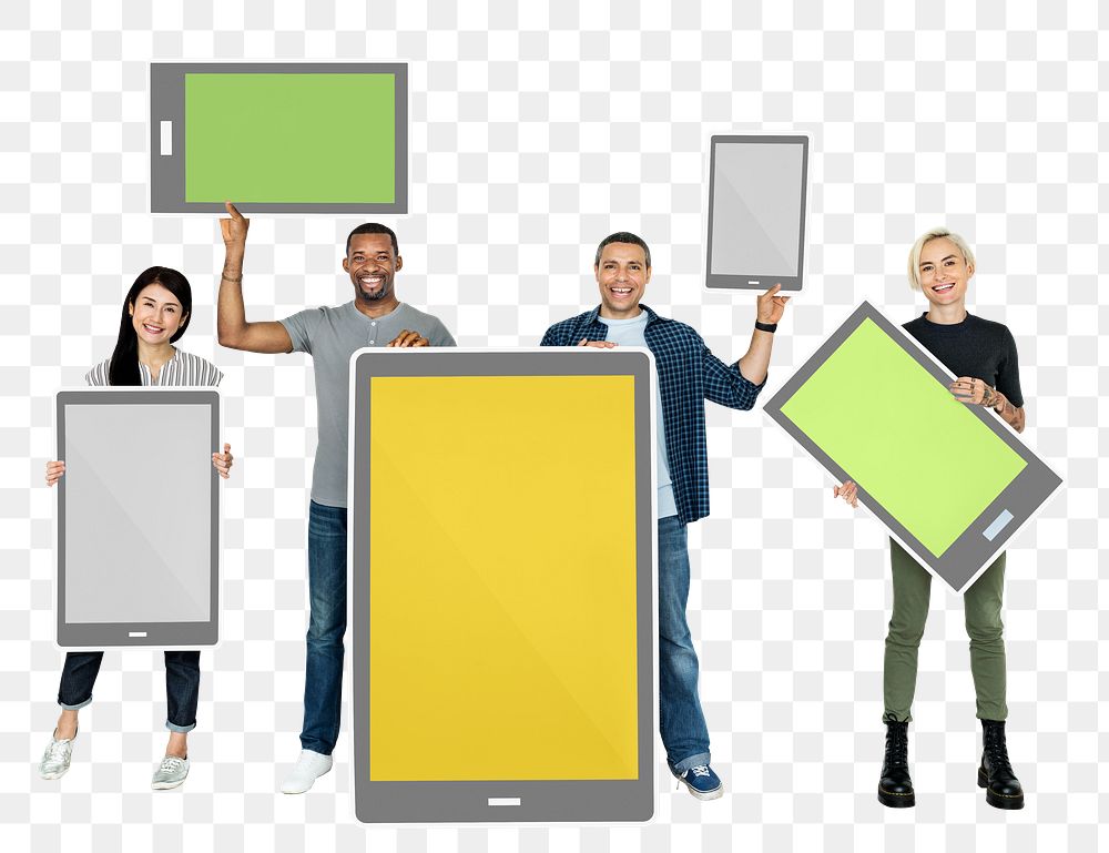 Png Diverse people holding digital tablets, transparent background
