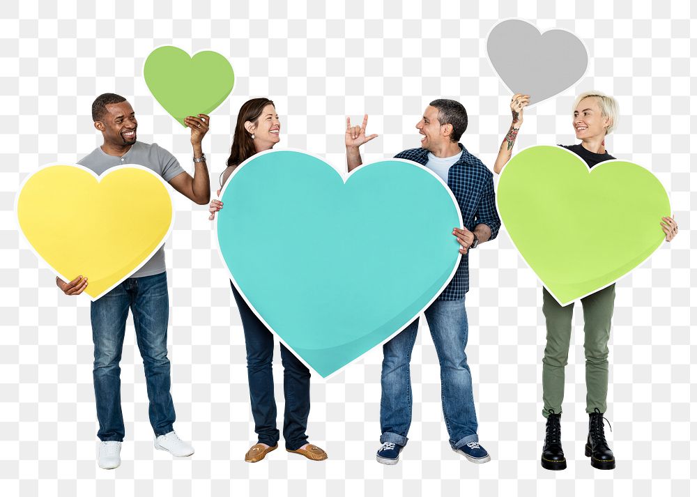Png Diverse people holding colorful hearts, transparent background