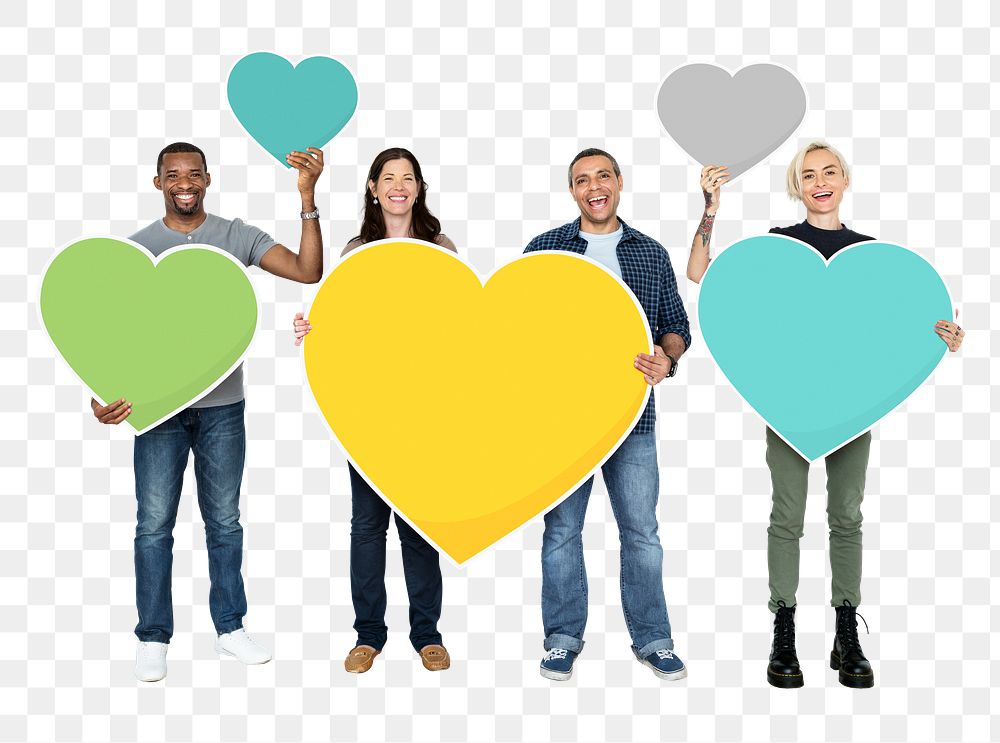 Png Diverse people holding colorful hearts, transparent background