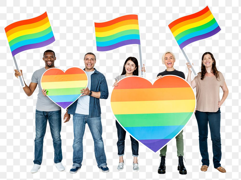 Png Diverse people holding rainbow banners, transparent background