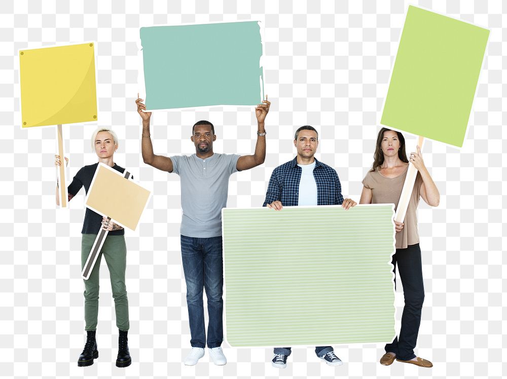 Png Diverse people holding protest banners, transparent background