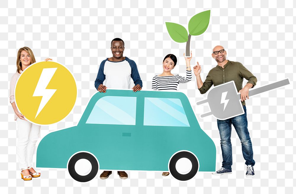 Png Cheerful people with hybrid car, transparent background