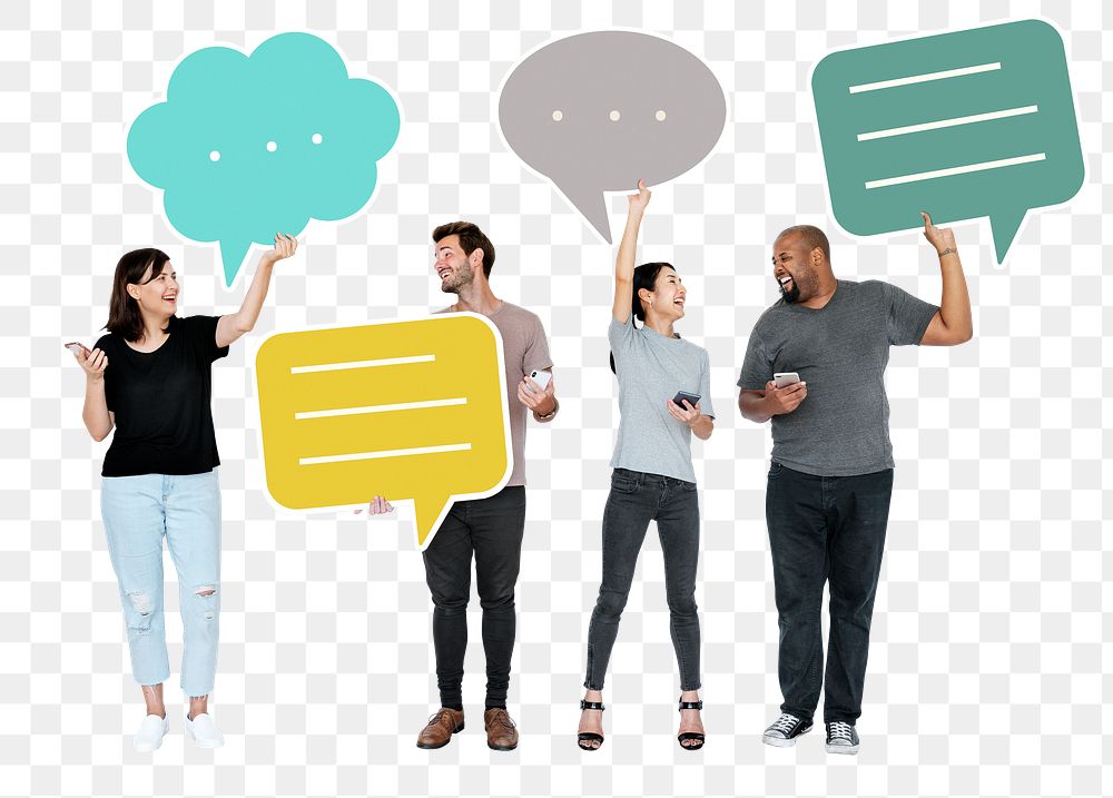 Png People holding colorful speech bubbles, transparent background