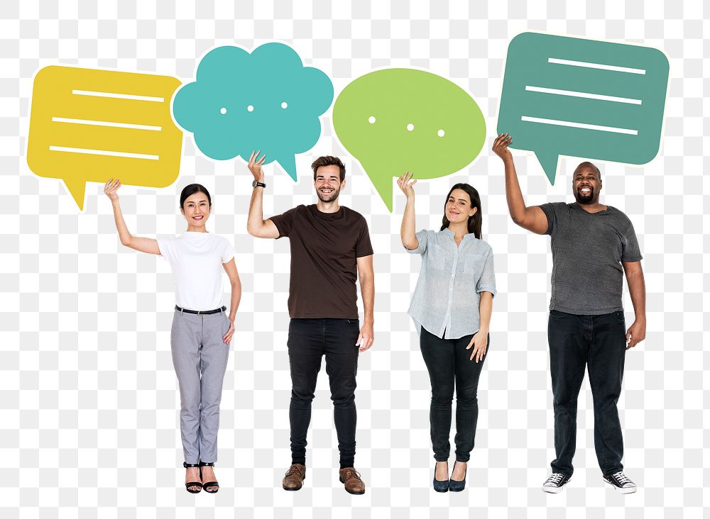 Png People holding colorful speech bubbles, transparent background