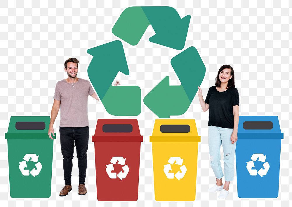 Png Couple with recycle symbol and trash bins, transparent background