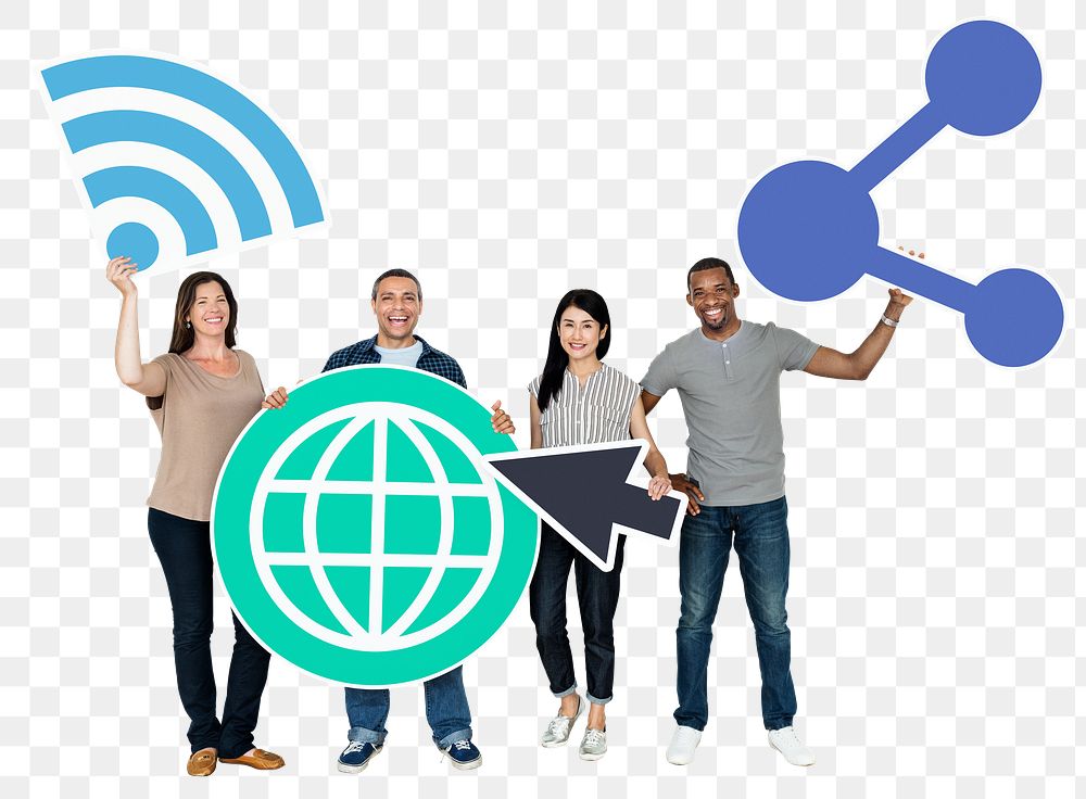 Png People holding internet connection icons, transparent background