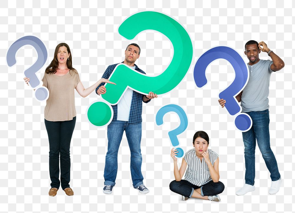 Png People holding question mark icons, transparent background