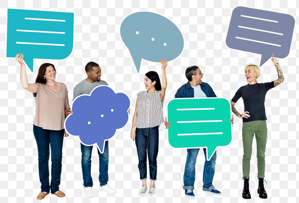 Png Diverse people holding speech bubble icons, transparent background