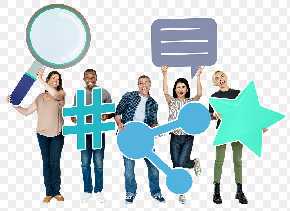 Png Diverse people with social network icons, transparent background