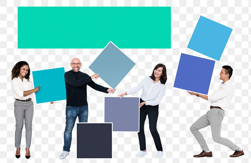 Png People with blank colorful boxes, transparent background