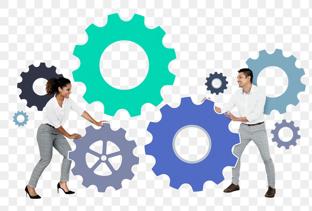 Png Business partners connecting through gears, transparent background