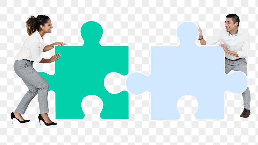 Png Colleagues connecting puzzle pieces, transparent background