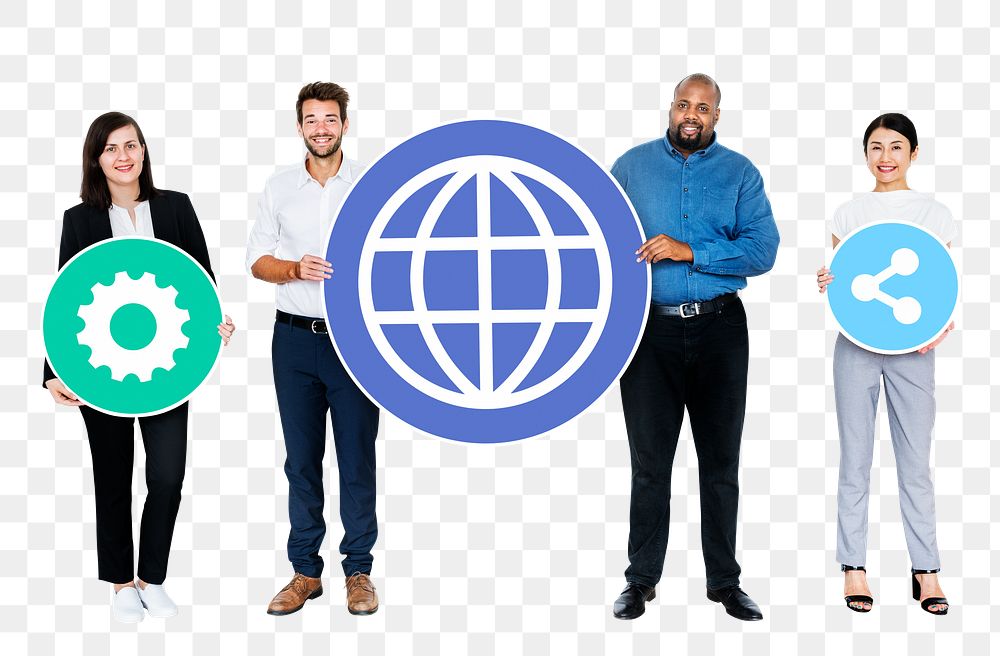 Png Happy diverse people holding internet icons, transparent background