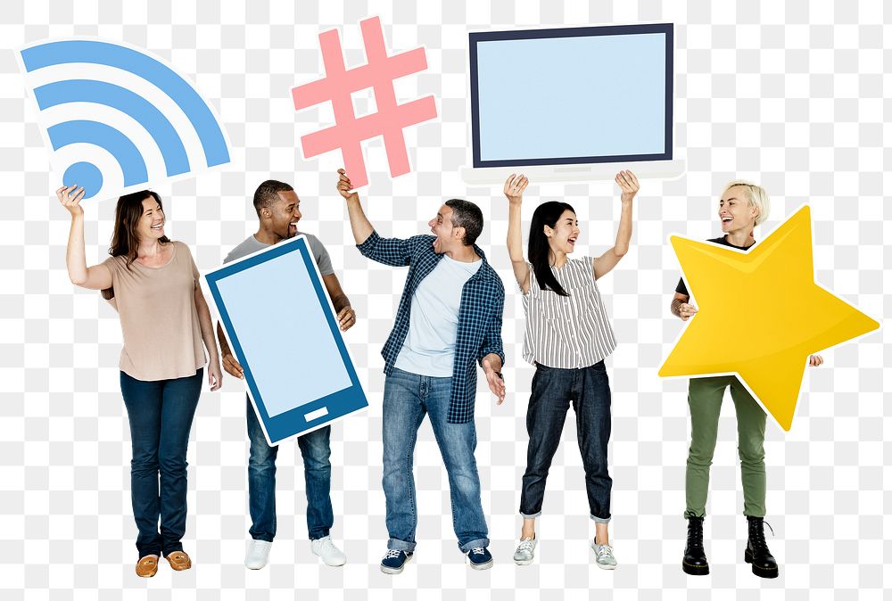 Png Diverse people holding technology icons, transparent background