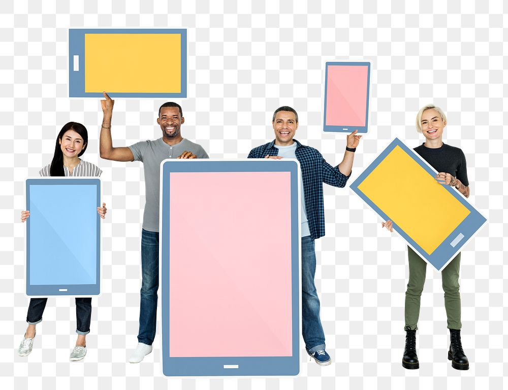 Png Diverse people holding digital tablets, transparent background