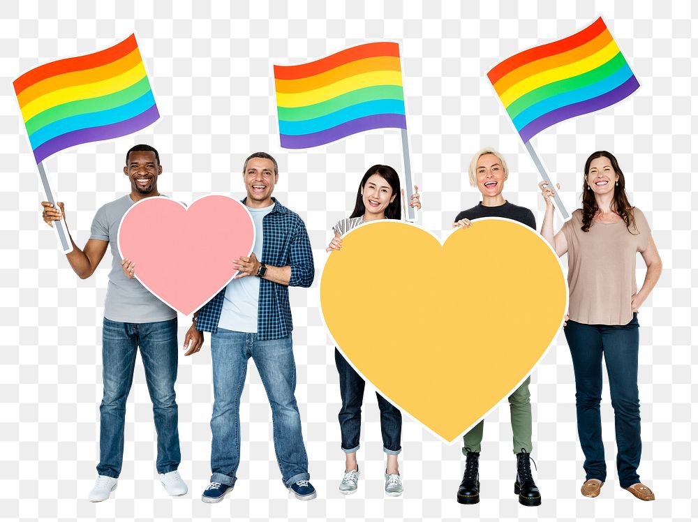 Png Diverse people holding LGBT flags, transparent background
