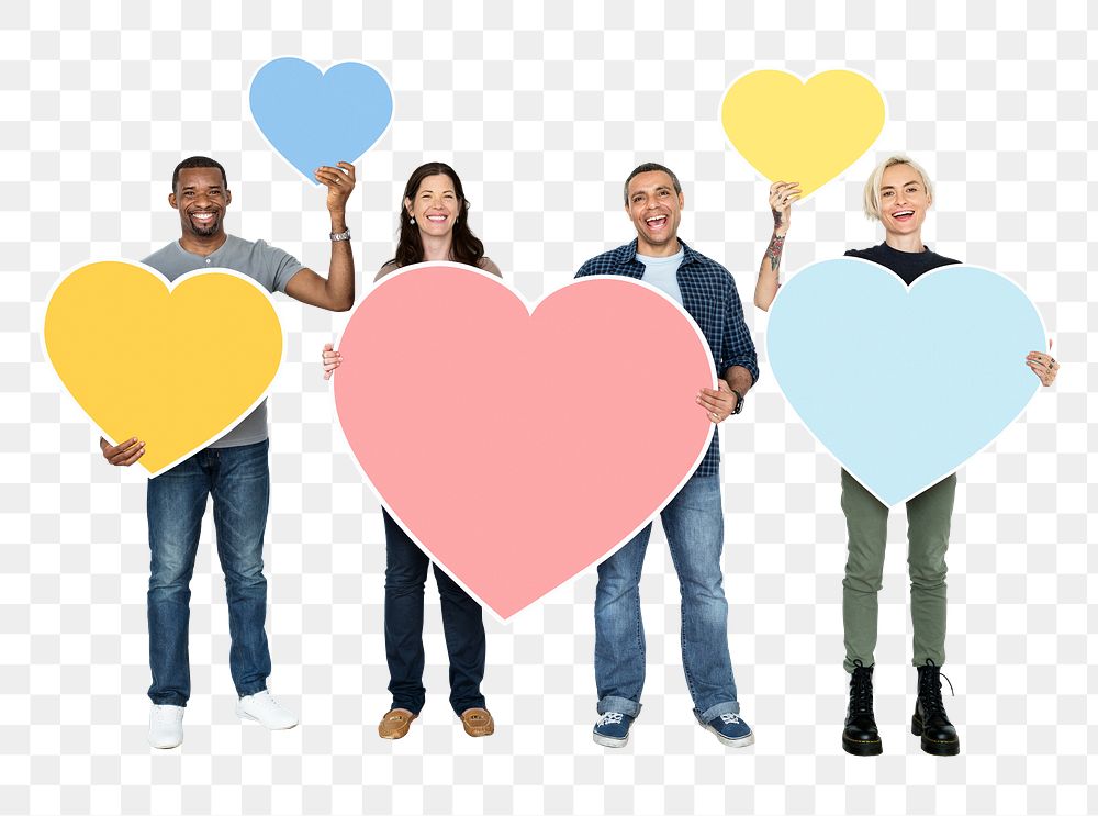 Png Diverse people holding heart shaped symbols, transparent background