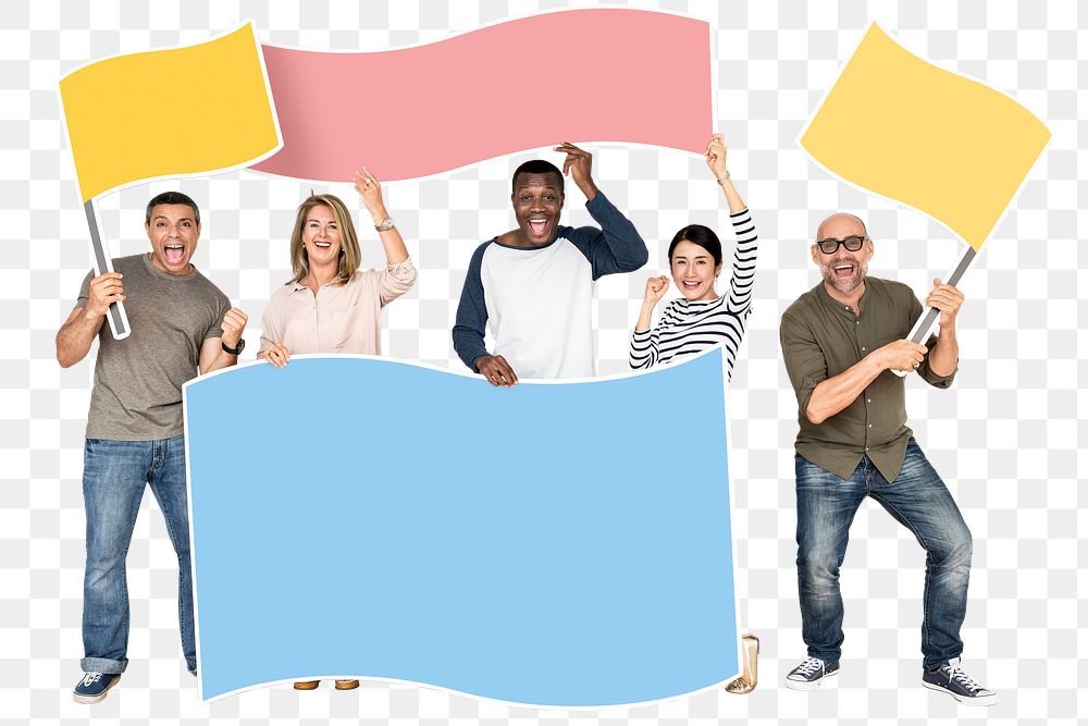 Png Happy people holding blank flags, transparent background