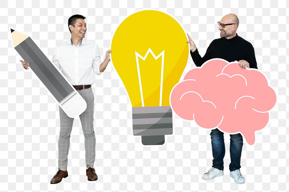 Png Happy men with creative ideicons, transparent background