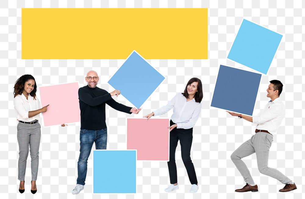 Png Happy diverse people holding empty square boards, transparent background