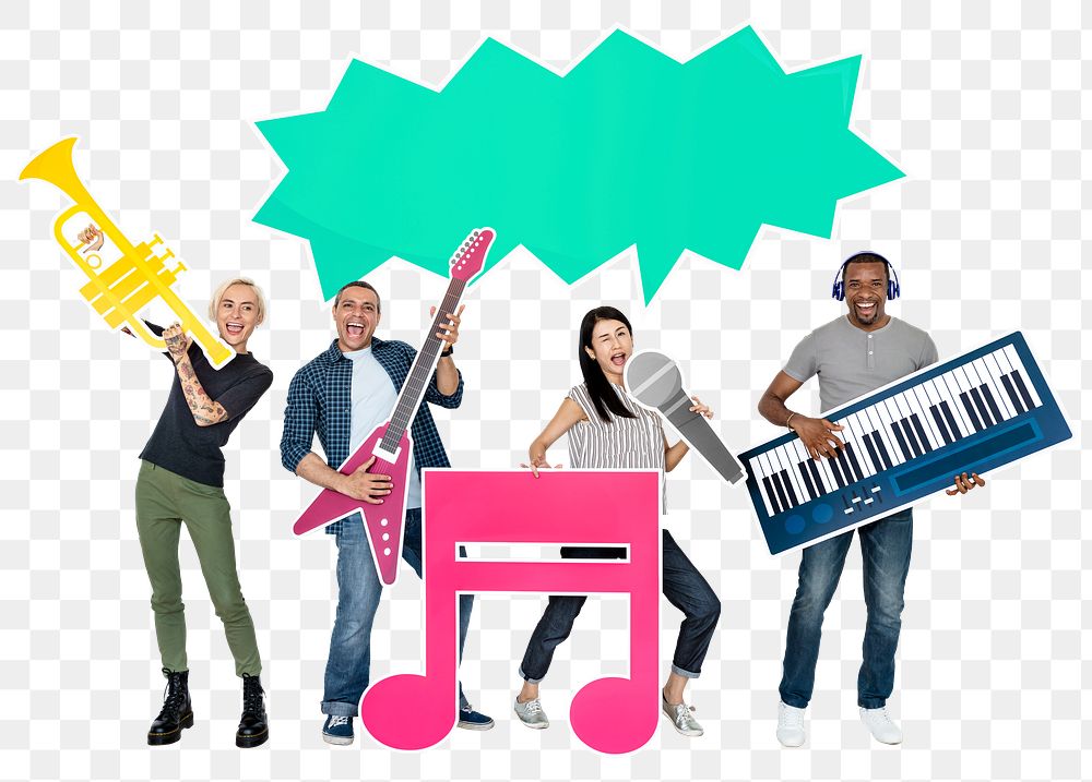 Png Happy people holding musical instrument icons, transparent background