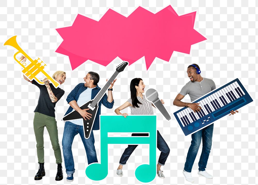 Png Happy people holding musical instrument icons, transparent background