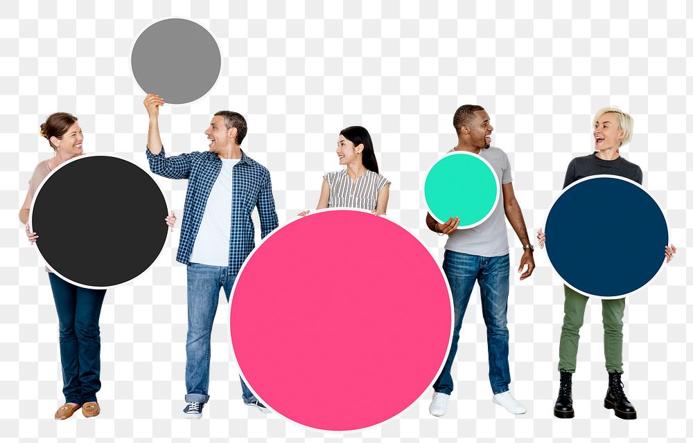 Png Diverse people holding colorful circles, transparent background