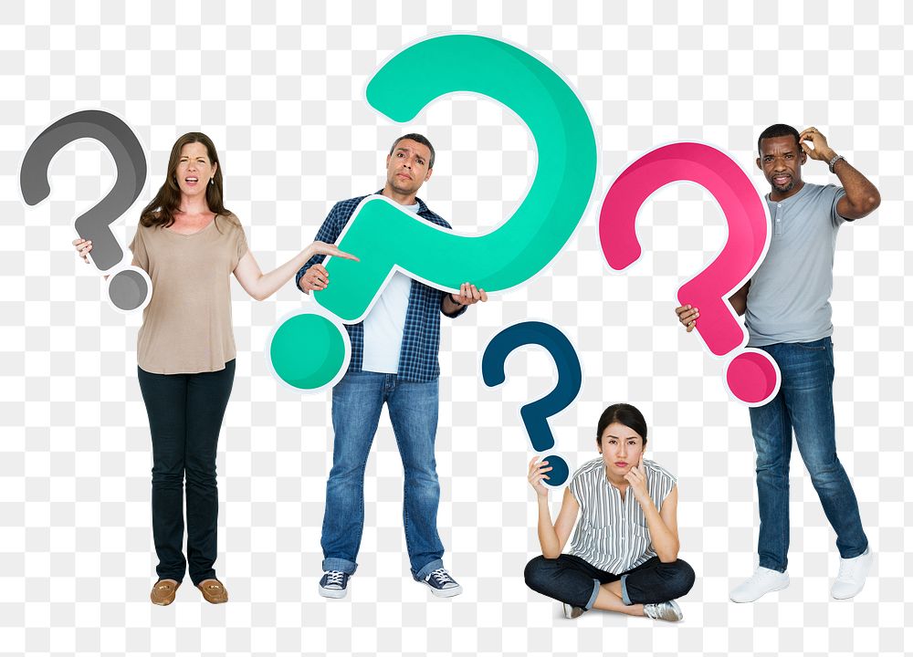 Png Diverse people holding question mark icons, transparent background