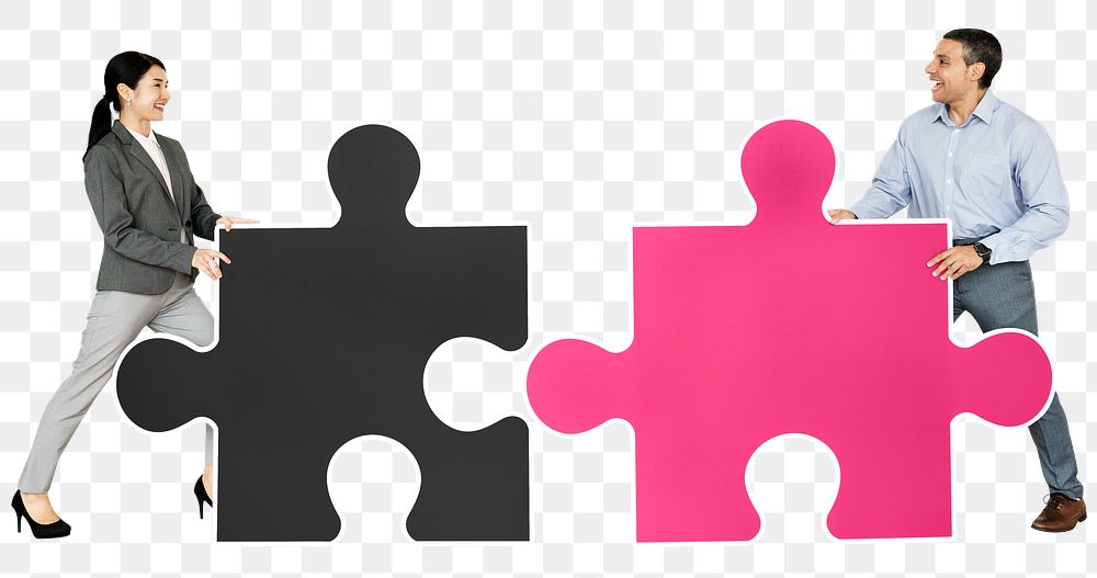 Png Business people connecting jigsaw puzzle pieces, transparent background