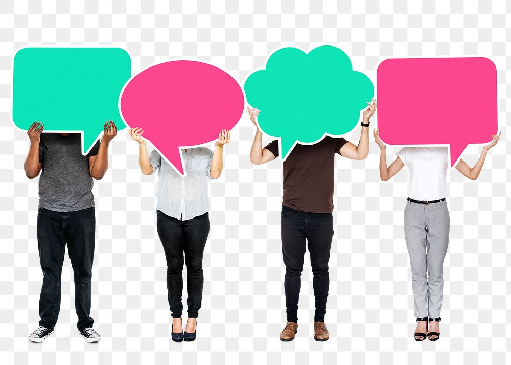 Png People holding colorful speech bubbles, transparent background