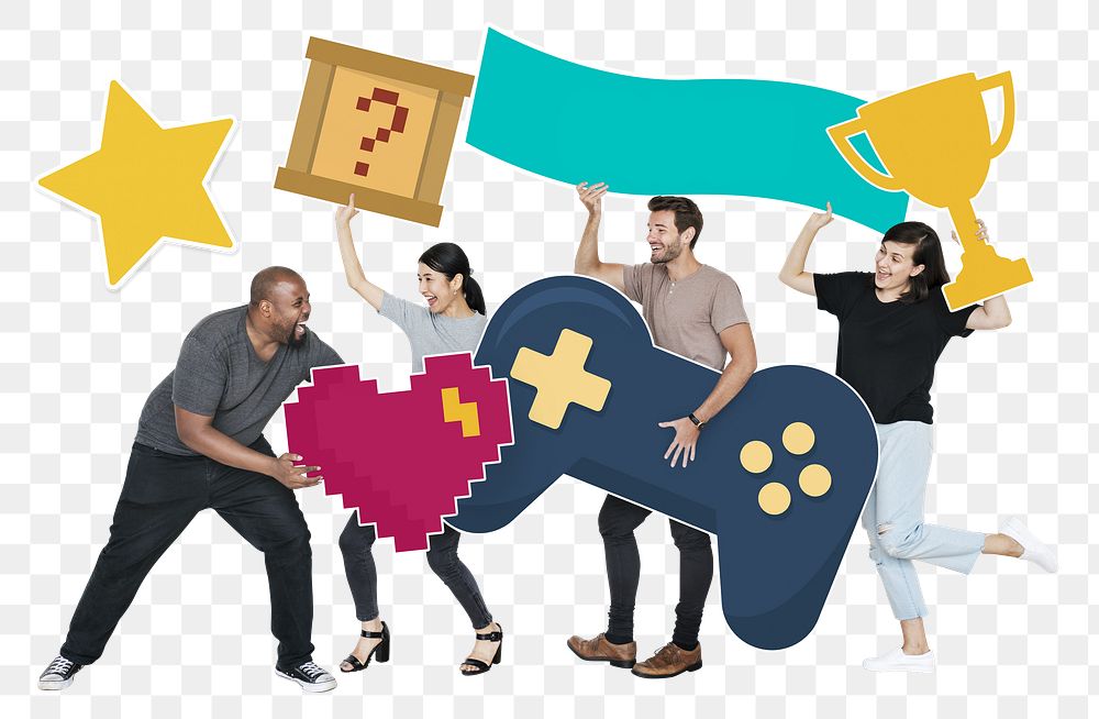 Png Playful diverse people having fun with gaming icons, transparent background