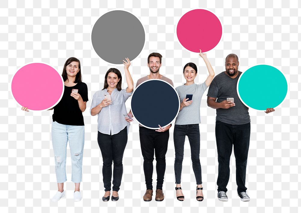 Png People using their phones and holding empty circles, transparent background