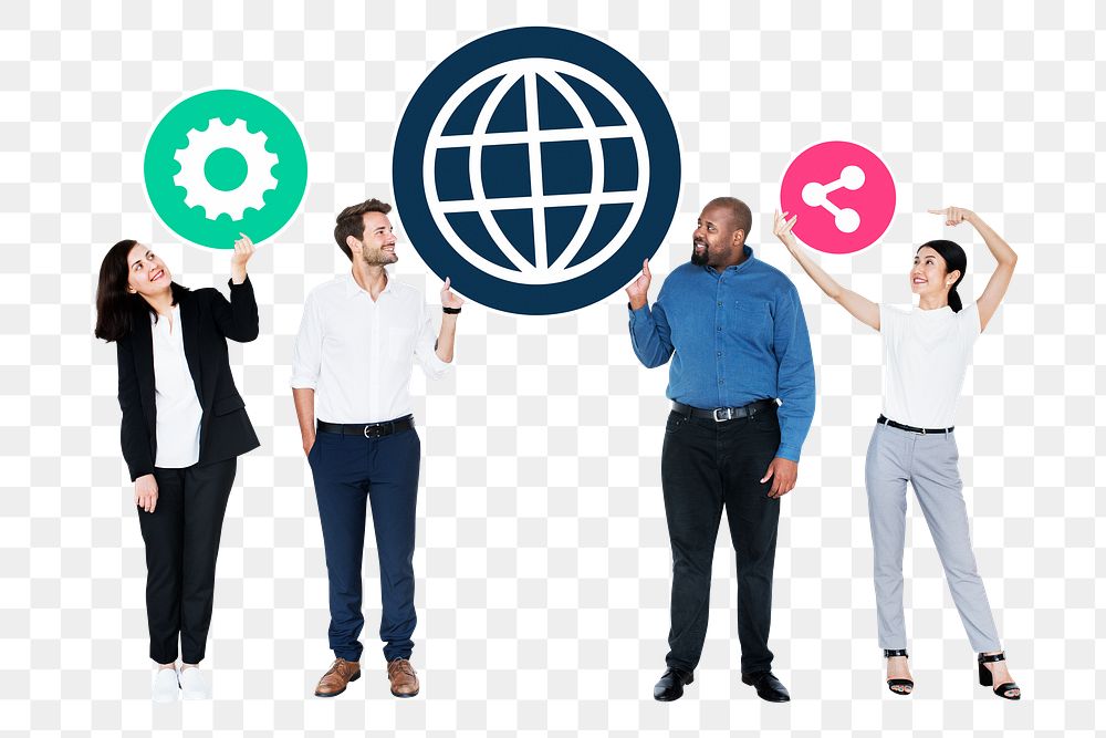 Png Happy diverse people holding internet icons, transparent background