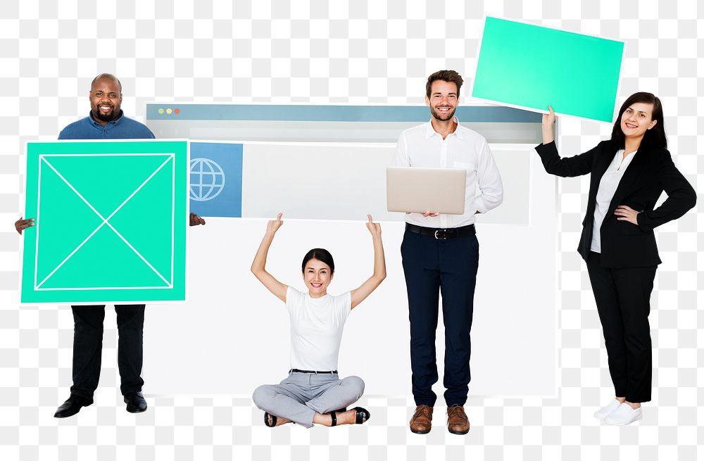 Png Happy diverse people holding web design, transparent background