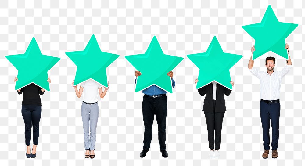 Png Diverse businesspeople showing star rating symbols, transparent background